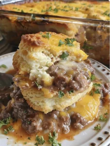 Cheesy Beef Biscuit Comfort Bake