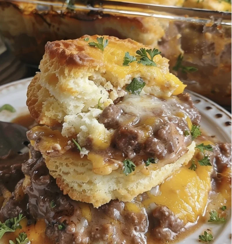 Cheesy Beef Biscuit Comfort Bake