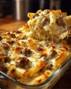 🥩🍝 Creamy Beef Alfredo Ziti Casserole