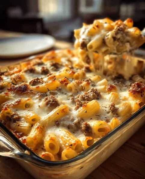 Creamy Beef Alfredo Ziti Casserole