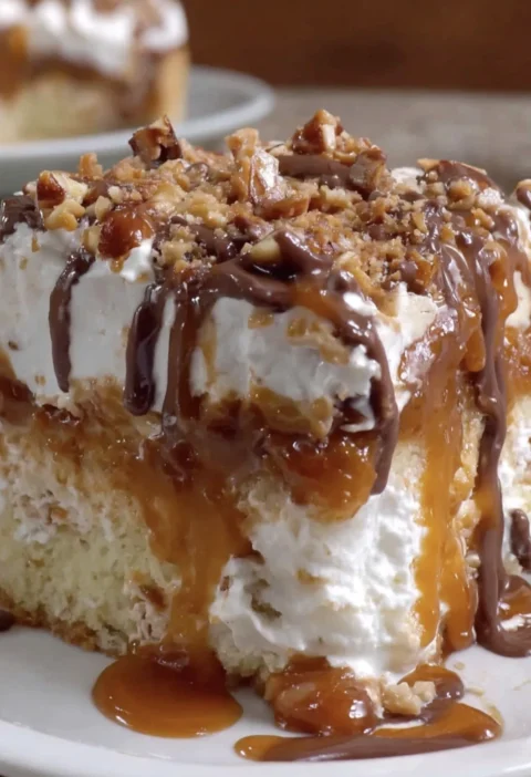 Caramel Heath Bar Poke Cake