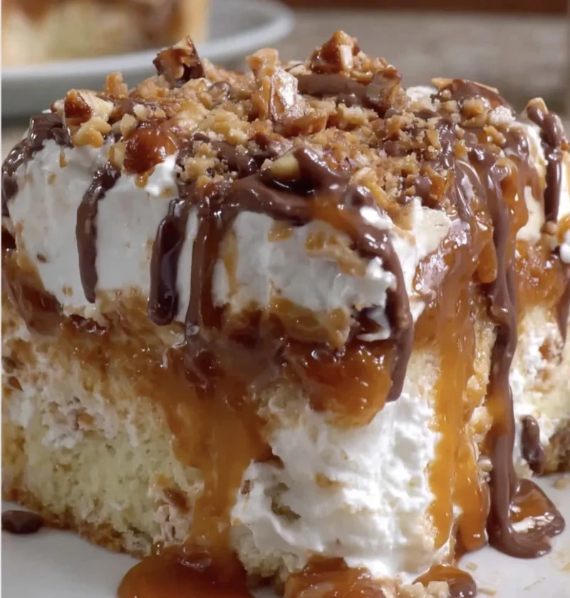 Caramel Heath Bar Poke Cake