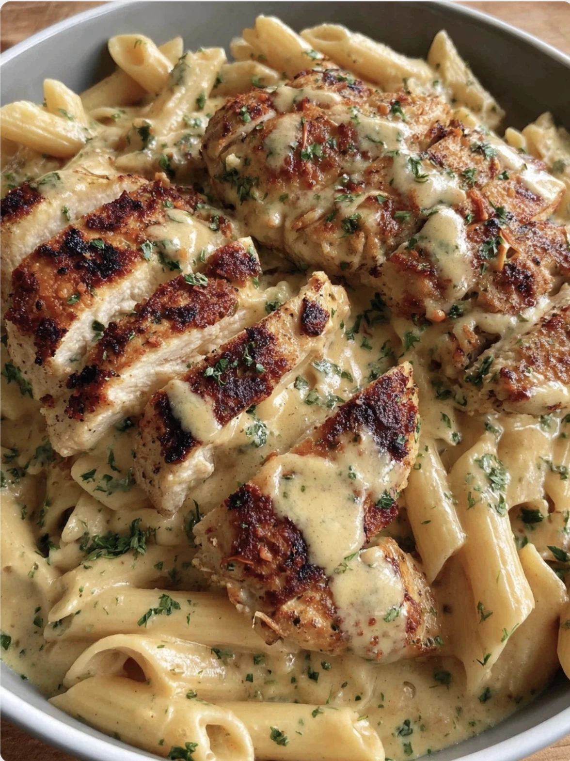 Parmesan-Crusted Chicken with Penne in Creamy Sauce