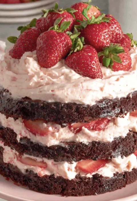Homemade Dark Chocolate Cake Topped Strawberry Buttercream