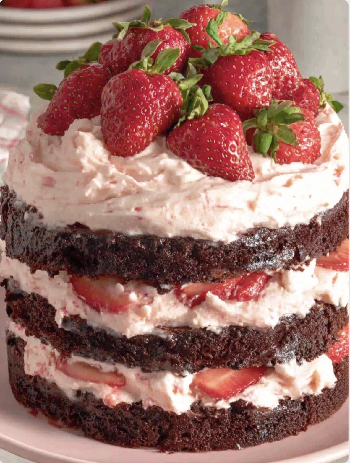 🍫🍓 Homemade Dark Chocolate Cake Topped with Strawberry Buttercream