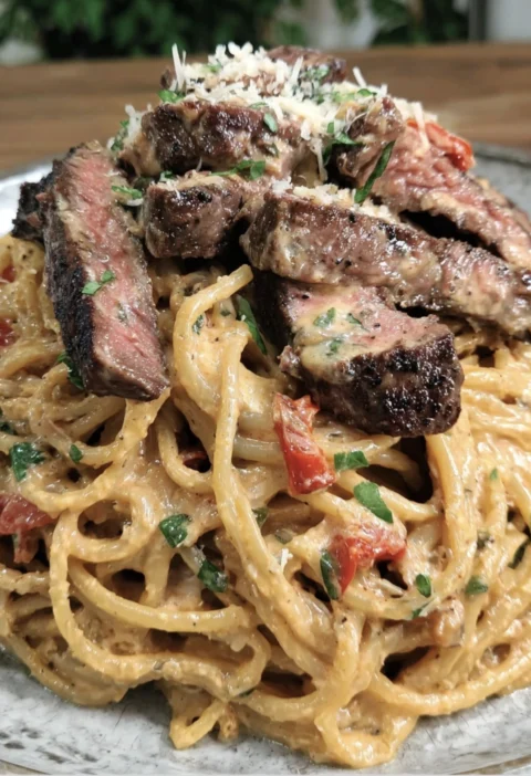 Steak Alfredo Spaghetti Creamy Parmesan Roasted Red Peppers
