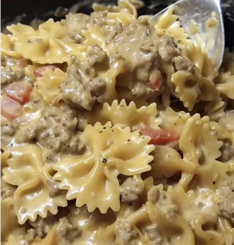 creamy cheesy beef bowtie pasta