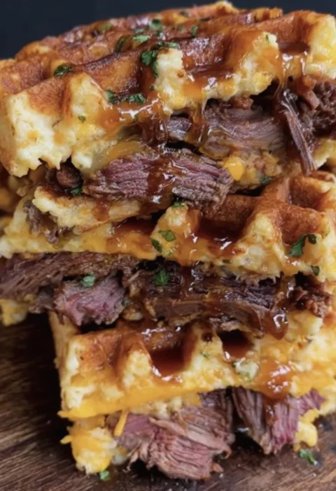 Smoky Bourbon-Maple Brisket Grilled Cheese Wafflewich