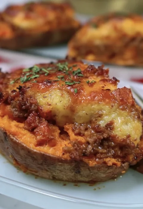 Cheesy Ground Beef Sweet Potato Bake