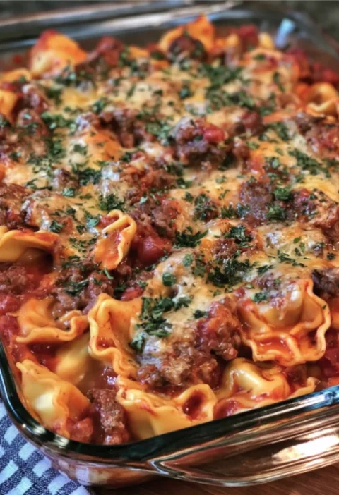 Easy Beef and Cheese Tortellini Bake