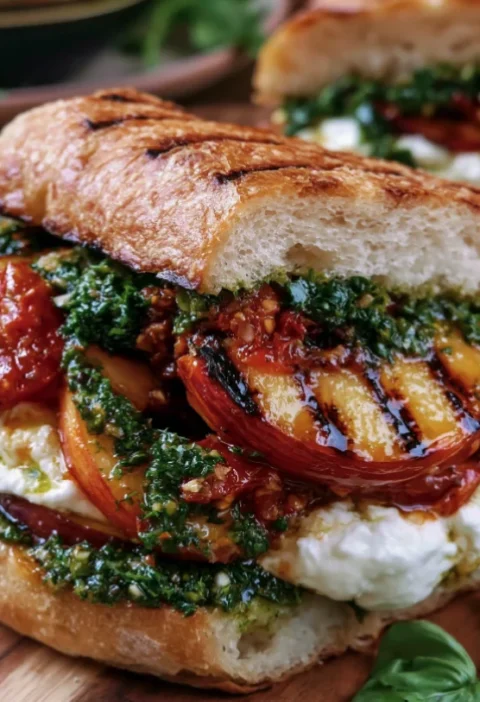 peach pesto burrata sandwich