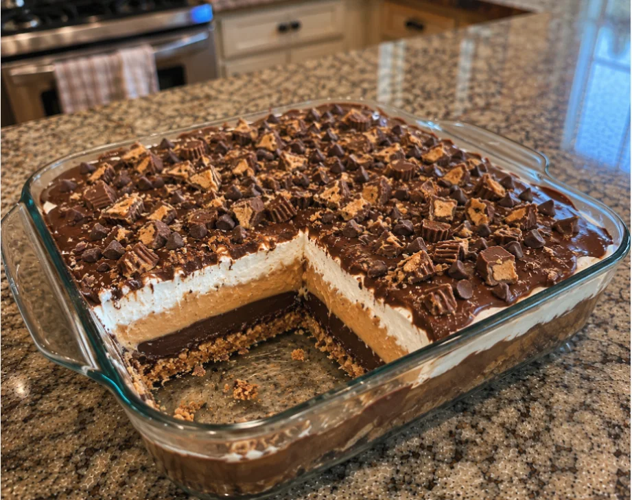 Chocolate Peanut Butter Lasagna (No-Bake)